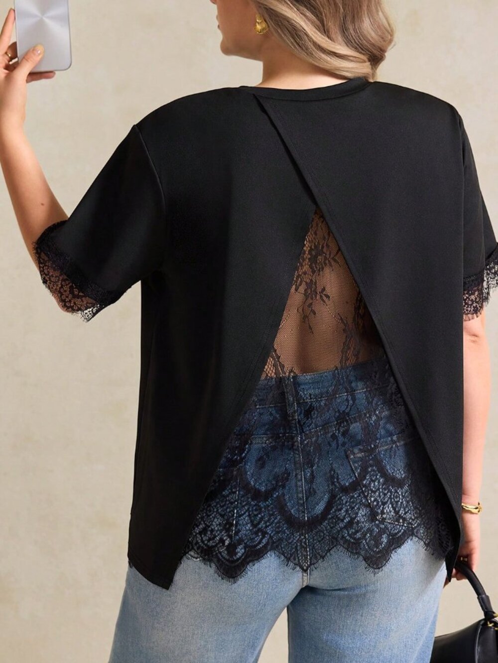 Black Casual Women's Plus Size A-Line Lace detailed blouse top - Picture 3 of 6